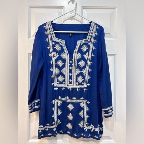 Lucky Brand Boho Embroidered Tunic Blouse 3/4 Sleeve V Neck Women's Size M - Picture 1 of 7